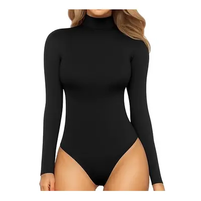 MANGOPOP Women's Mock Turtle Neck Long Sleeve Tops Bodysuit Jumpsuit (A Long Sleeve Black, Mediu