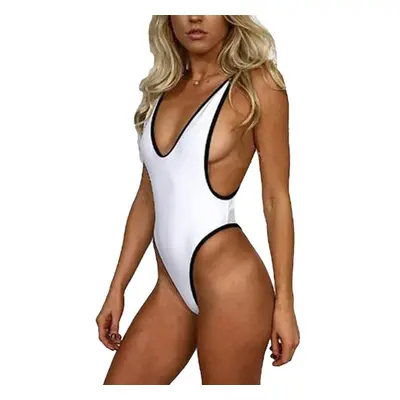 (White, L) Women One-piece Swimsuit Plunge V Neck Solid High Cut Thong