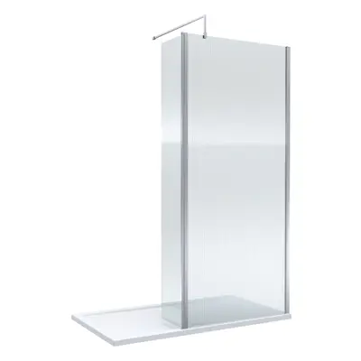 8mm Fluted Glass Walk In Wetroom Screen and Hinged Return with Chrome Profile and Shower Tray - 