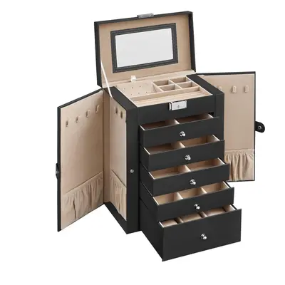 (Black) Tier Jewelry Box with Drawers Jewelry Box, Large Capacity Storage with Mirror, Lockable,