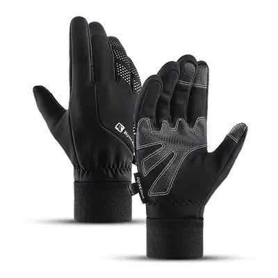 (M) Leather Bike Gloves Fleece Touchscreen Full Finger Sports Gloves Waterproof Windproof Skiing