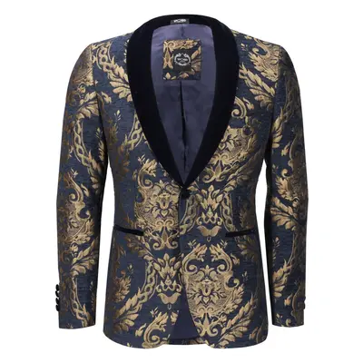 (40, Navy Gold Velvet) Mens Jacquard Blazer Gold Brocade on Flocked Navy Velvet Tailored Fit Tux