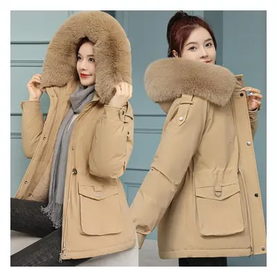 (khaki, XXL) Women Autumn Winter Solid Color Long Sleeve Drawstring Fur Collar Pockect Warm Coat