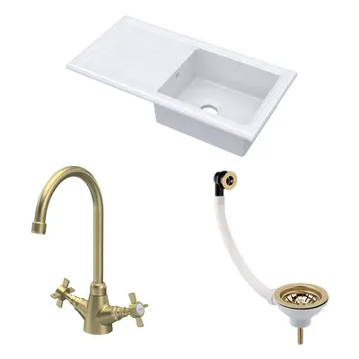 Fireclay Kitchen Bundle - Single Bowl Sink & Drainer, Waste & Mono Crosshead Tap, 1010mm - Brush