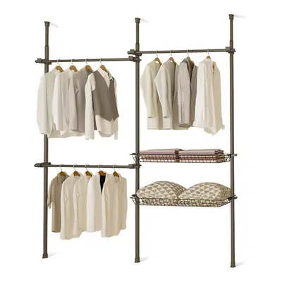 Double Black With Baskets Telescopic Wardrobe Organiser Hanging Rail Clothes Rack Adjustable Sto