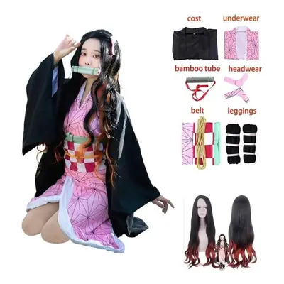 (as the picture, 3XL) Adult Women Anime Demon Slayer Kamado Nezuko Cosplay Wig Long Curly Costum