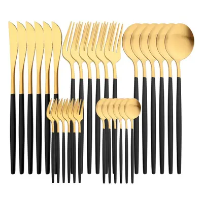 (black,gold) 30pcs White Gold Cutlery Set Matte Dinnerware Knife Fork Spoons Stainless Steel Sil