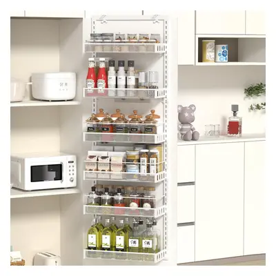 (White) Door Storage Rack Layers Adjustable Pantry Door Storage Rack with Hooks on Each Layer Ba