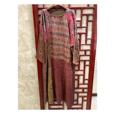 (red, One Size) Johnature Women Vintage Linen Patchwork Color Dress O-neck Long Sleeve Autumn Ro