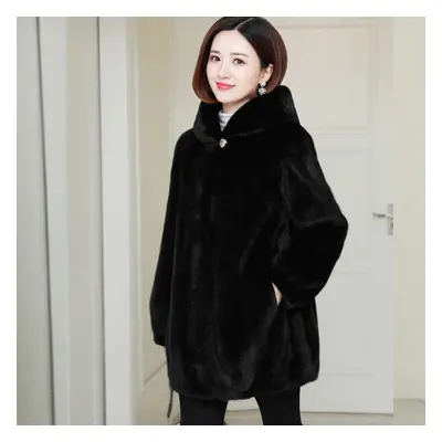 (black, XXXXL) Women Thick Warm Outwear Hooded Mid Length Faux Fur Coat Female Parka Autumn Wint