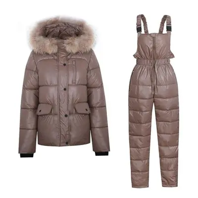 (coffee, XXL) Women Winter Short Hooded Glossy Windproof Waterproof Coat Two Pieces Suit Puffer 