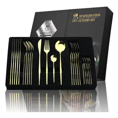 (champagne, 24pcs + box) 24pcs Black Handle Golden Cutlery Set Stainless Steel Knife Fork Spoon 