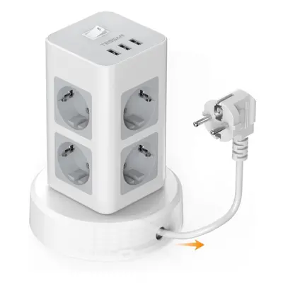 (gray, Scalable wire 2M,8O 3U) Tessan Power Tower Multi Outlets With Usb, 2m Retractable Extensi