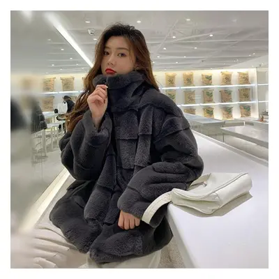 (grey, L) Winter Women&apos;s Coat Long Sleeves Plush Jacket Fluffy Overcoats Zipper Faux Mink F