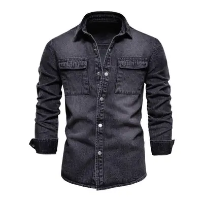 (black, S) Usegiraffe 100% Cotton Denim Jackets Men Casual Solid Color Pocket Thin Jacket For Me