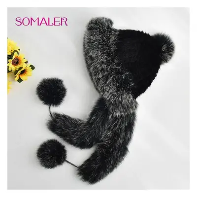 (black) Somaler Knit Real Mink Fur Hats For Winter Women Weave Fur Cap With Fox Fur Pompom Fox F