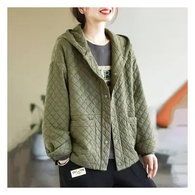 (green, XXL) Autumn And Winter Ladies Literary Retro Solid Color Hooded Quilted Loose All-match 