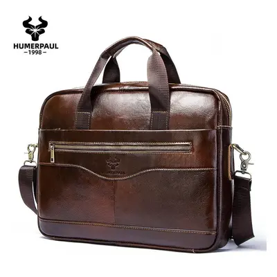 (coffee) Humerpaul Bag Men&apos;s Genuine Leather Briefcase For 14&apos;&apos; Laptop Top Qualit