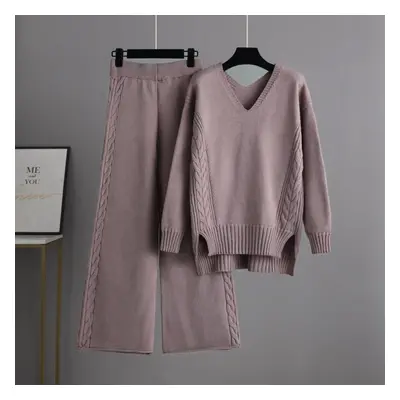 (purple, OneSize) Autumn Winter V Neck Solid Color New Lazy Wind Knitted Wide Leg Pants Suit Wom