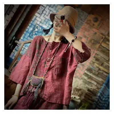 (red, One Size) Johnature Women Vintage Patchwork Color Shirts Spring Button Loose Tops Linen Hi