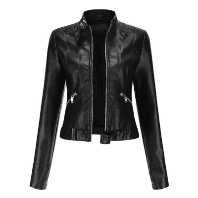 (black, L) Women&apos;s Short Small Coat Spring Autumn Stand Collar Long Sleeve Thin Leather Jac