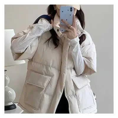 (beige, L) Cotton Padded Puffer Vest Half Sleeve Down Winter Jacket For Women Short Sleeve Vest 