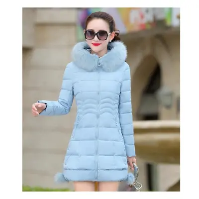 (blue, L) Women&apos;s Winter Coat Long Cotton Padded Jacket Slim Female Thick Down Jacket