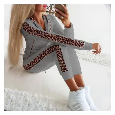 (gray, L) Fall And Winter New Women&apos;s Leopard Print Zipper Sweater Pants Plus Size Suit