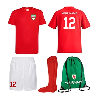 (12-13 Years) ProspoÂ® Personalised Kids Wales Style Away Football Kit Shirt Shorts Socks & Bag