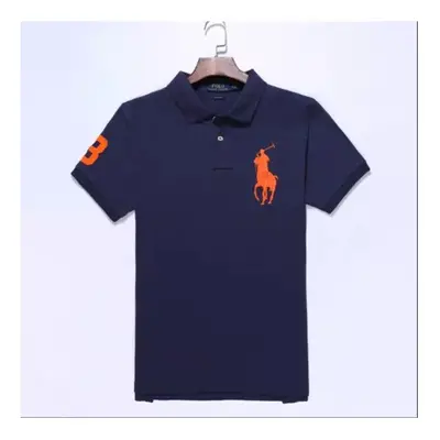 (Navy &orange, S) Men's Custom Fit Polo Shirt Cotton Short Sleeve Large Pony Polo Top