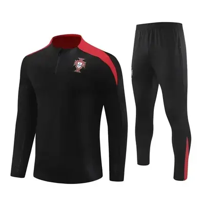 (S) Portugal National Team Black Soccer Winter Training Kit Adult Long Sleeve Half Pull Suit Tra