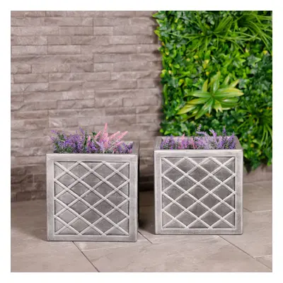 CHARLES BENTLEY Pair of Lazio, Square, Pewter Planters, Grey, Plastic, Plant Pot, Outdoor, Garde