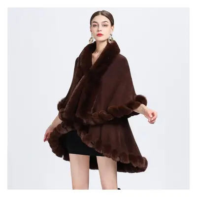 (dark brown, One Size) Winter Women&apos;s Cape Shawl Fur Collar Large Size Knitted Cardigan Loo