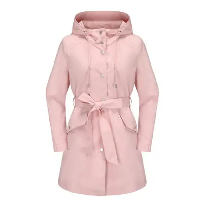 (pink, S) Women's Hooded Windcheaters Polyester Waterproof Trench Coat Thin Loose Belt Button Up