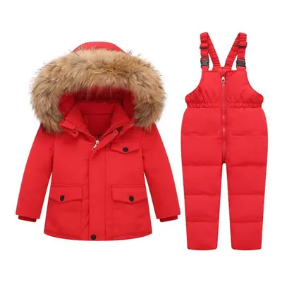 (red, 110(4T)) 2pcs Winter Jackets For Kids Snowsuits Girl Hooded Duck Down Parka Coat Boy Real 