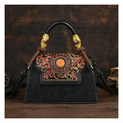 (black) Johnature Vintage Handmade Embossed Women Leather Bag Luxury Handbag Versatile Female Sh