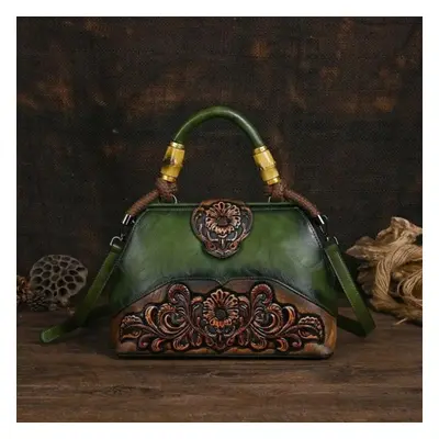 (green) Ladies Luxury Handbag New Vintage Handmade Leather Carved Women Tote Bag Versatile Femal