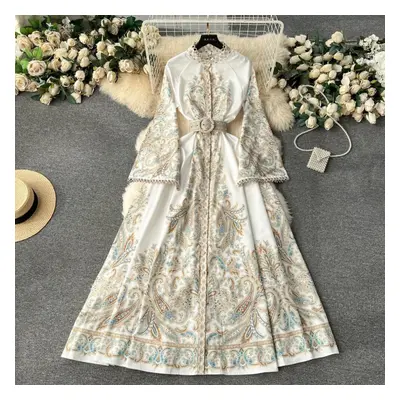 (white, S) European Sle Formal Dress For Women, Retro Palace Sle, Design Sense Print, Bell Sleev