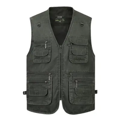 (army green, XXL) Men&apos;s Vest Casual Jacket Spring And Autumn Loose Style Cotton Multi-pocke