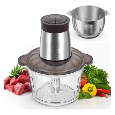 (Gray) 600W Electric Food Processors & Chopper with Glass Container and Stainless Steel Containe