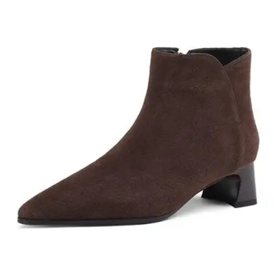 (brown, 40) Krazing Pot Cow Suede Winter Round Toe Med Heels Chelsea Boots Women Zipper Big Size