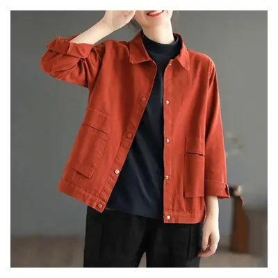 (orange, XL) Women Casual Short Jackets Autumn Vintage Style Solid Color All-match Loose Female 