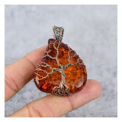 (orange, 2.36 inches) Baltic Amber Gemstone Pure Copper Wire Wrap Handmade Jewelry Pendant