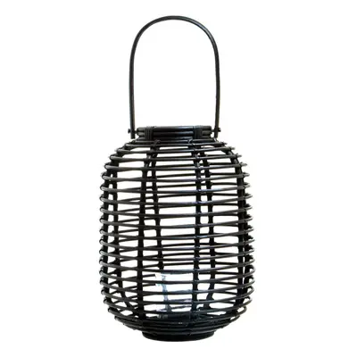 Sustainable Small Black Natural Rattan Lantern, Rounded Modern Black Candle Lantern, Versatile L