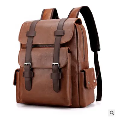 (Light Brown) Men Leather School Backpacks Outdoor Travel Satchel Shoulder Bag Rucksack Satchel 