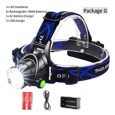 (T6-10000 Lumen, Package G) Powerful LED Headlamp USB DC Charging Headlight Waterproof Head Lamp