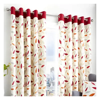 (Red, x Inch) Fusion Beechwood Leaf Trail 100% Cotton Eyelet Lined Curtains