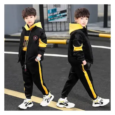 (yellow, 130) Winter Boys Tracksuit Autumn Teenager Clothes Tiger Velvet Jacket + Hoodie + Pant 