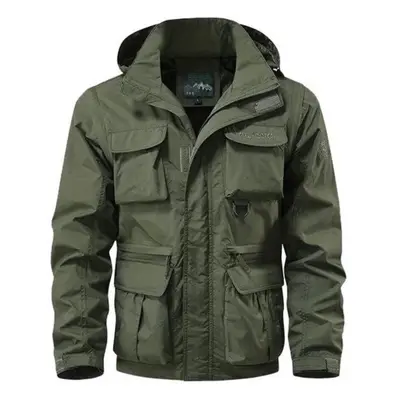 (army green, XL) Windproof Hooded Jacket Men&apos;s Casual Waterproof Multi Bag Cargo Jacket Ves