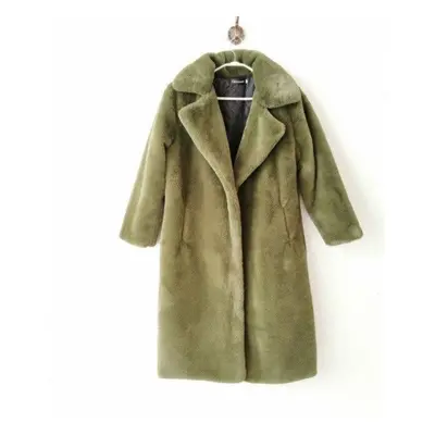 (army green, S) Women Winter Warm Faux Fur Coat Thick Women Long Coat Turn Down Collar Women War